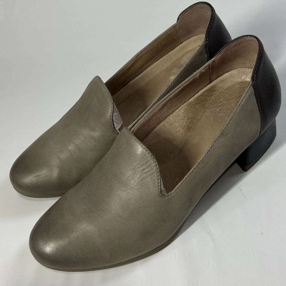 Dansko Preston Heeled Loafers Stone Nubuck‎ & Black Leather Comfort EU 37 US 7